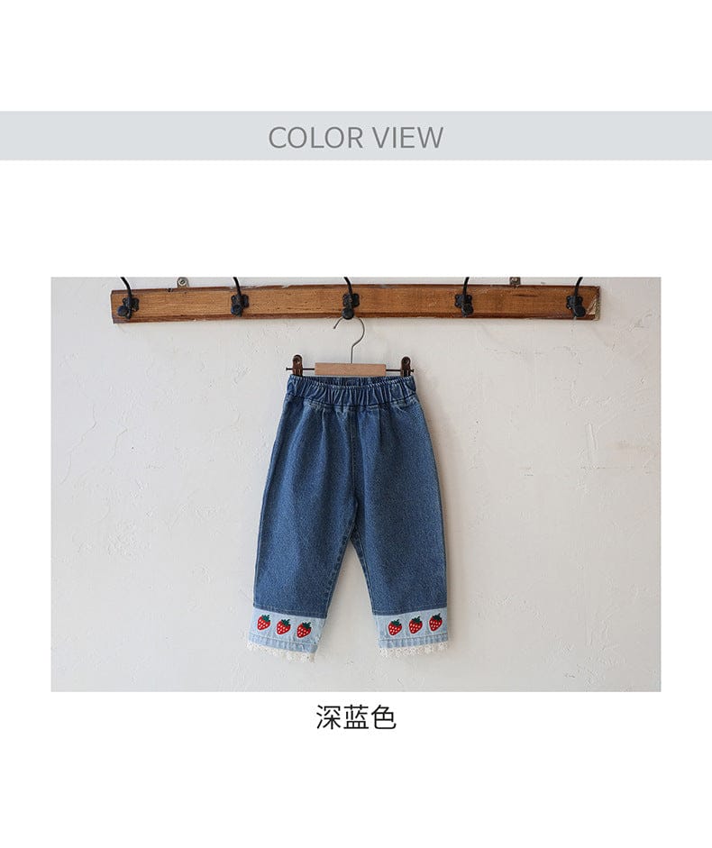 デニムパンツ ストロベリー刺繍レース裾ワイドデニムパンツ【mh0010819】