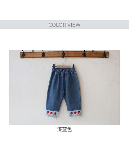 デニムパンツ ストロベリー刺繍レース裾ワイドデニムパンツ【mh0010819】