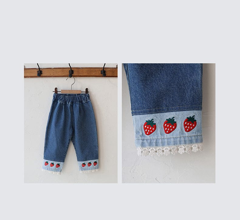デニムパンツ ストロベリー刺繍レース裾ワイドデニムパンツ【mh0010819】