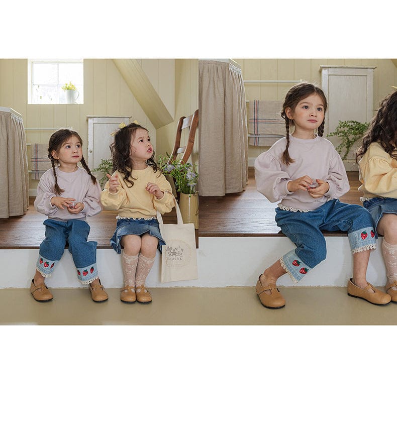 デニムパンツ ストロベリー刺繍レース裾ワイドデニムパンツ【mh0010819】