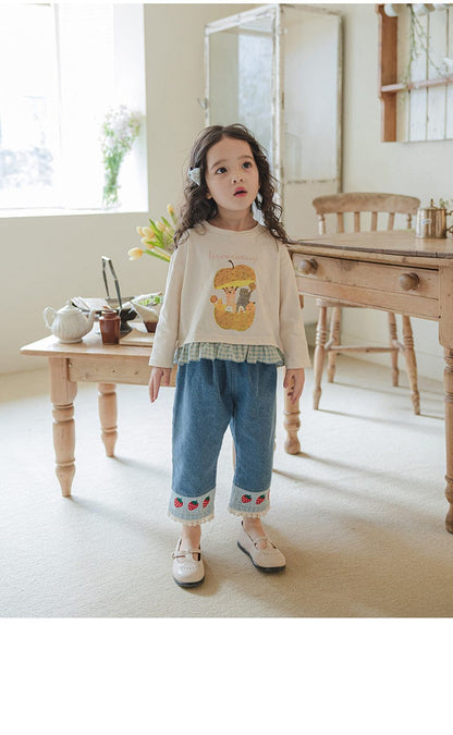 デニムパンツ ストロベリー刺繍レース裾ワイドデニムパンツ【mh0010819】