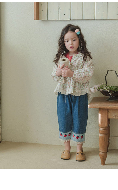 デニムパンツ ストロベリー刺繍レース裾ワイドデニムパンツ【mh0010819】