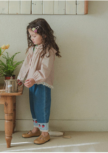 デニムパンツ ストロベリー刺繍レース裾ワイドデニムパンツ【mh0010819】