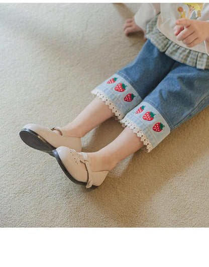 デニムパンツ ストロベリー刺繍レース裾ワイドデニムパンツ【mh0010819】