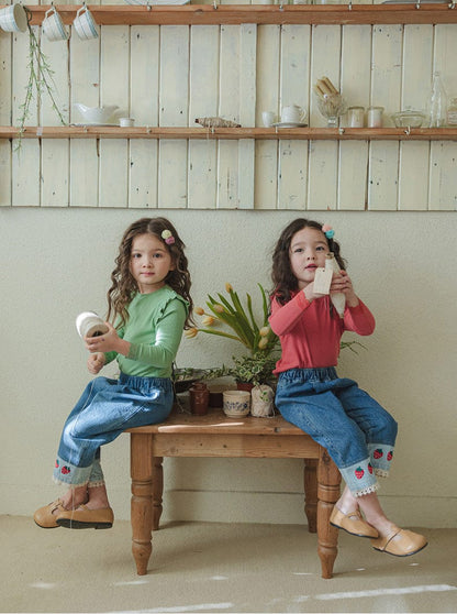 デニムパンツ ストロベリー刺繍レース裾ワイドデニムパンツ【mh0010819】