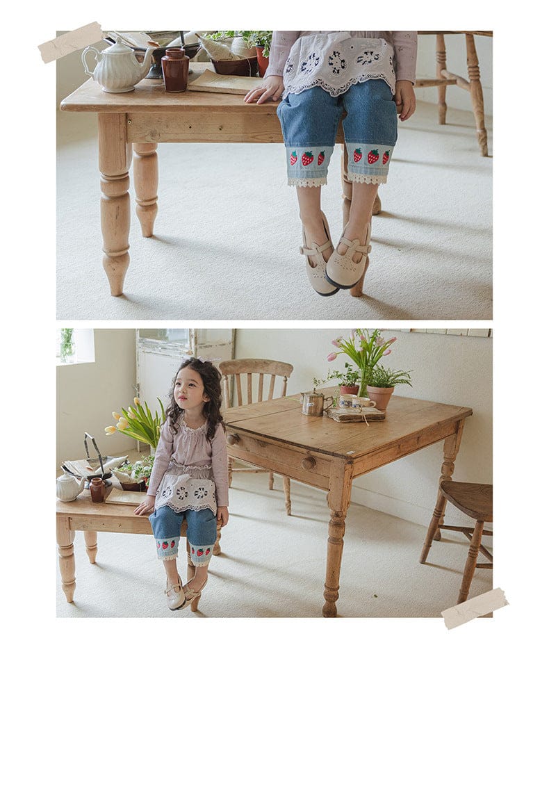 デニムパンツ ストロベリー刺繍レース裾ワイドデニムパンツ【mh0010819】