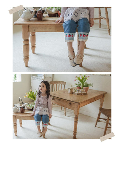デニムパンツ ストロベリー刺繍レース裾ワイドデニムパンツ【mh0010819】