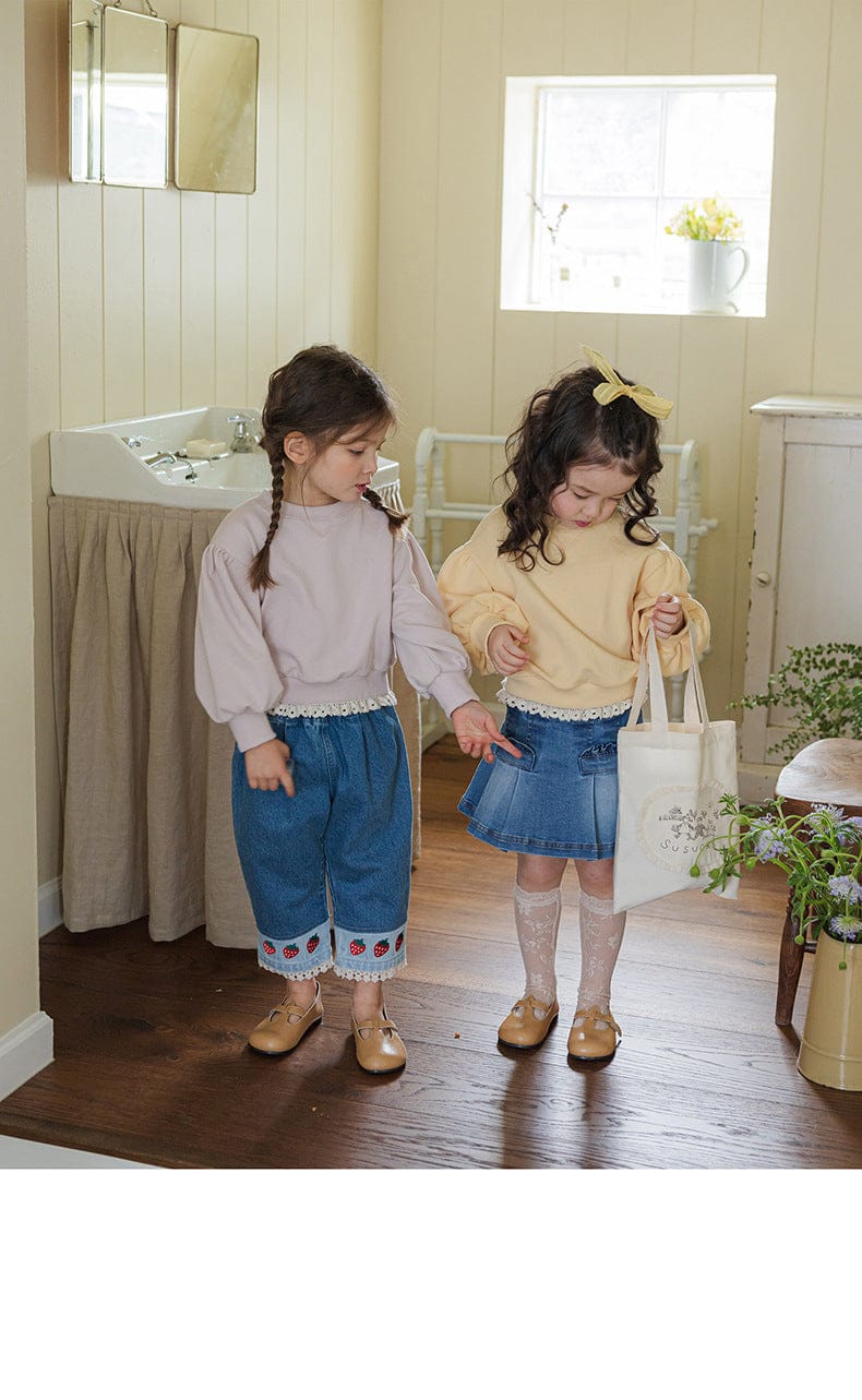 デニムパンツ ストロベリー刺繍レース裾ワイドデニムパンツ【mh0010819】