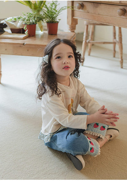 デニムパンツ ストロベリー刺繍レース裾ワイドデニムパンツ【mh0010819】