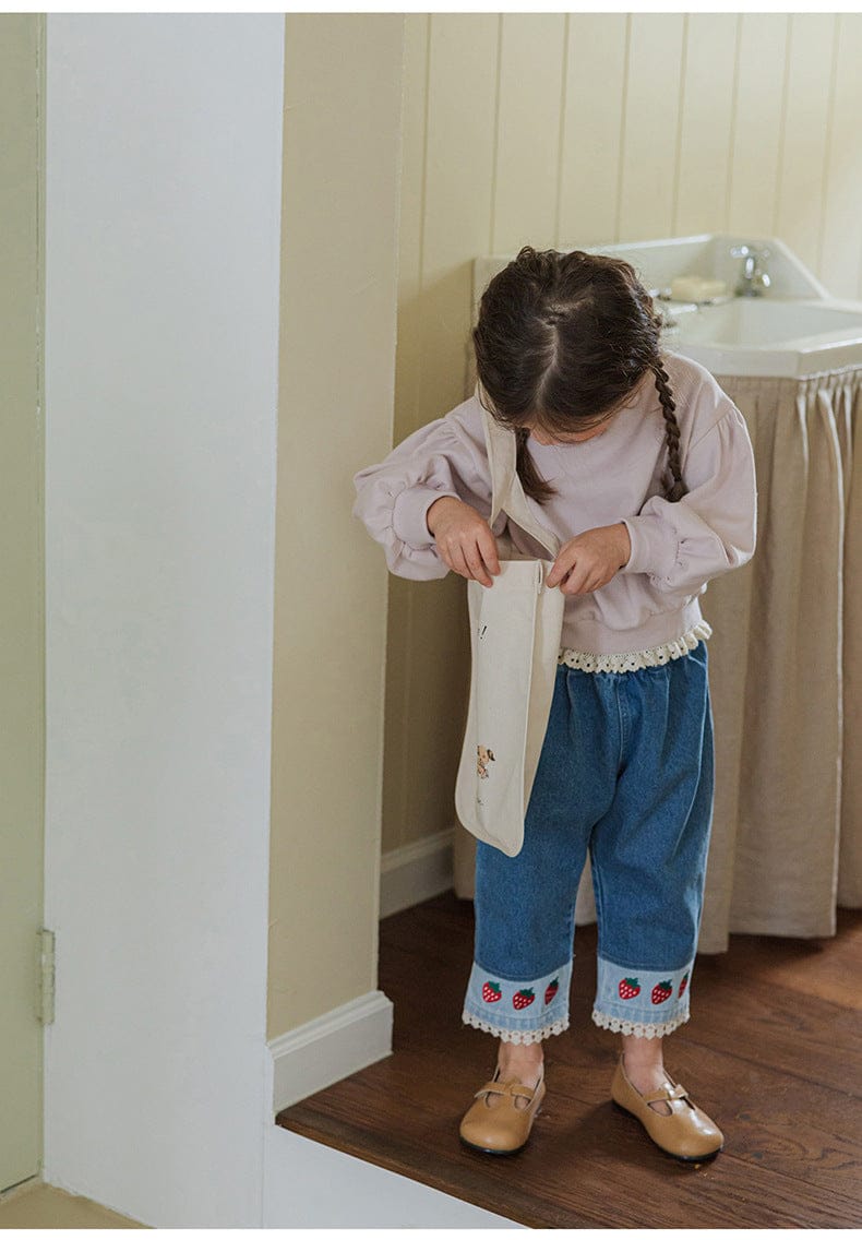 デニムパンツ ストロベリー刺繍レース裾ワイドデニムパンツ【mh0010819】