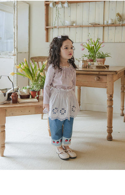 デニムパンツ ストロベリー刺繍レース裾ワイドデニムパンツ【mh0010819】