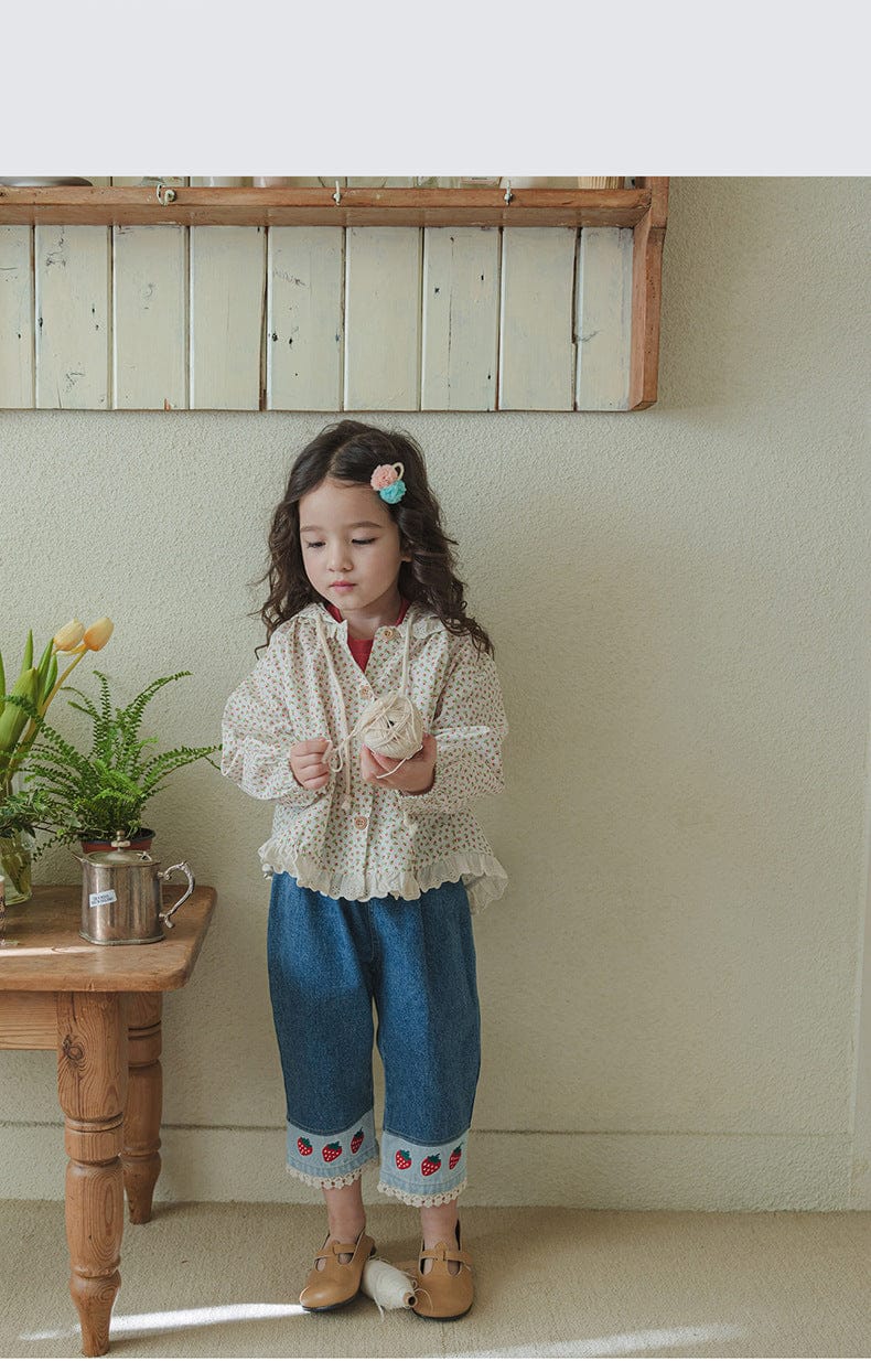 デニムパンツ ストロベリー刺繍レース裾ワイドデニムパンツ【mh0010819】