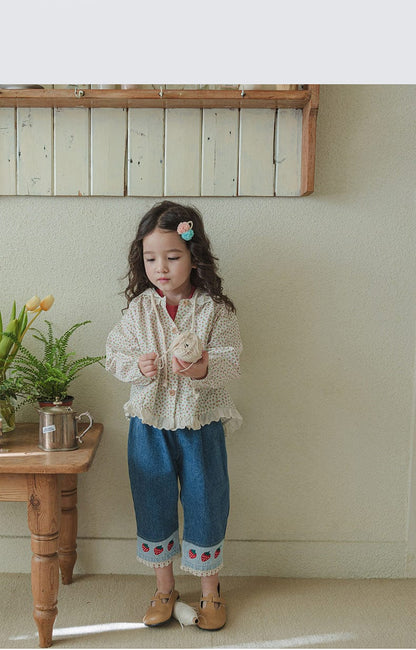 デニムパンツ ストロベリー刺繍レース裾ワイドデニムパンツ【mh0010819】