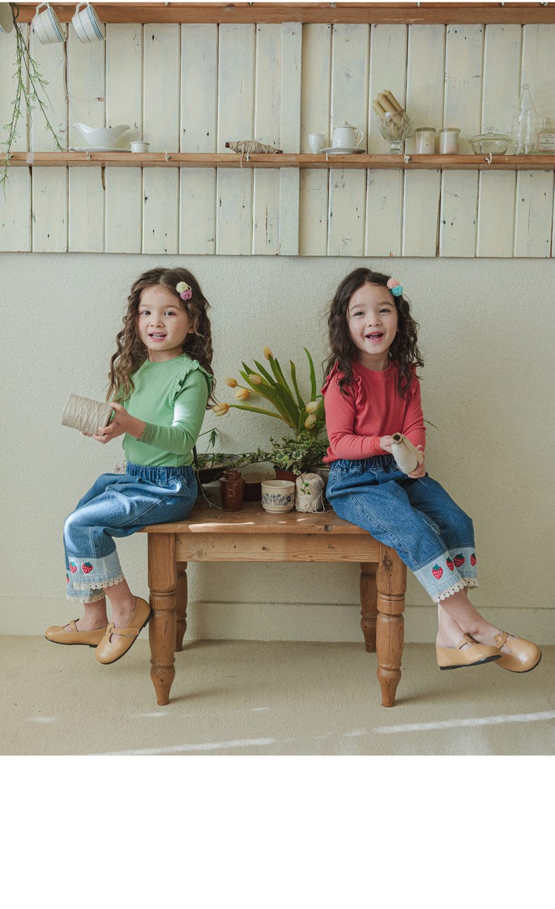 デニムパンツ ストロベリー刺繍レース裾ワイドデニムパンツ【mh0010819】