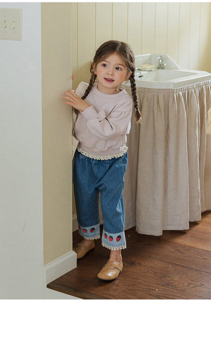 デニムパンツ ストロベリー刺繍レース裾ワイドデニムパンツ【mh0010819】