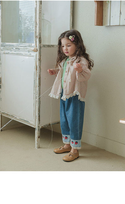デニムパンツ ストロベリー刺繍レース裾ワイドデニムパンツ【mh0010819】