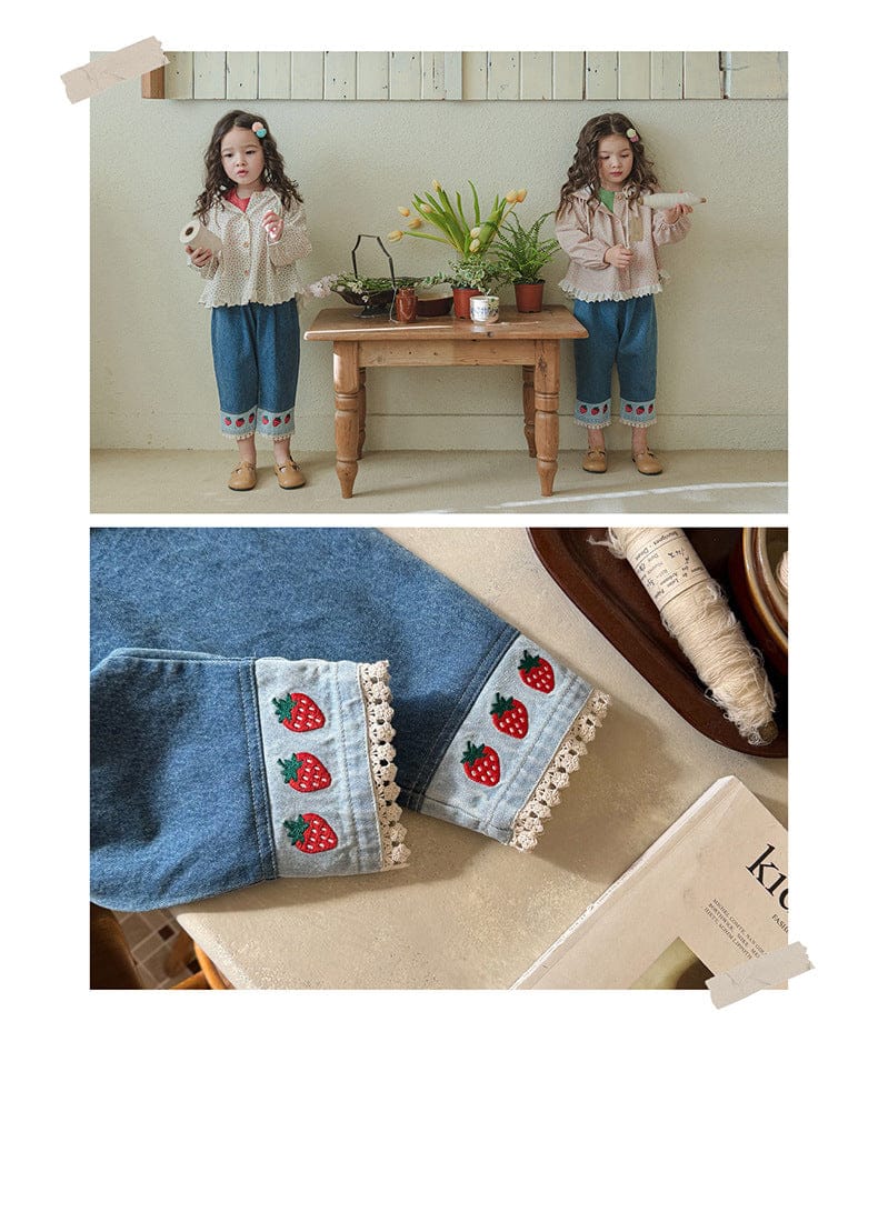 デニムパンツ ストロベリー刺繍レース裾ワイドデニムパンツ【mh0010819】