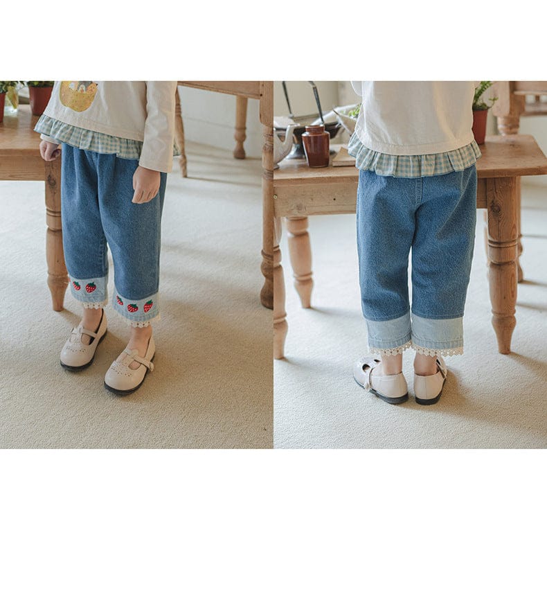 デニムパンツ ストロベリー刺繍レース裾ワイドデニムパンツ【mh0010819】