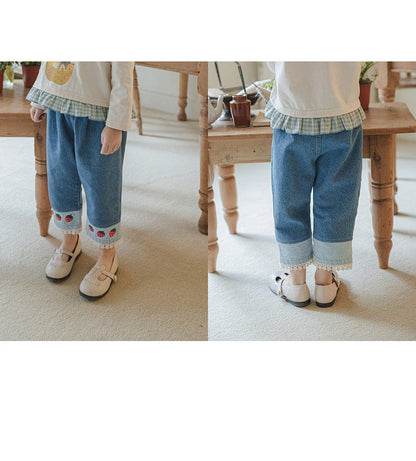 デニムパンツ ストロベリー刺繍レース裾ワイドデニムパンツ【mh0010819】