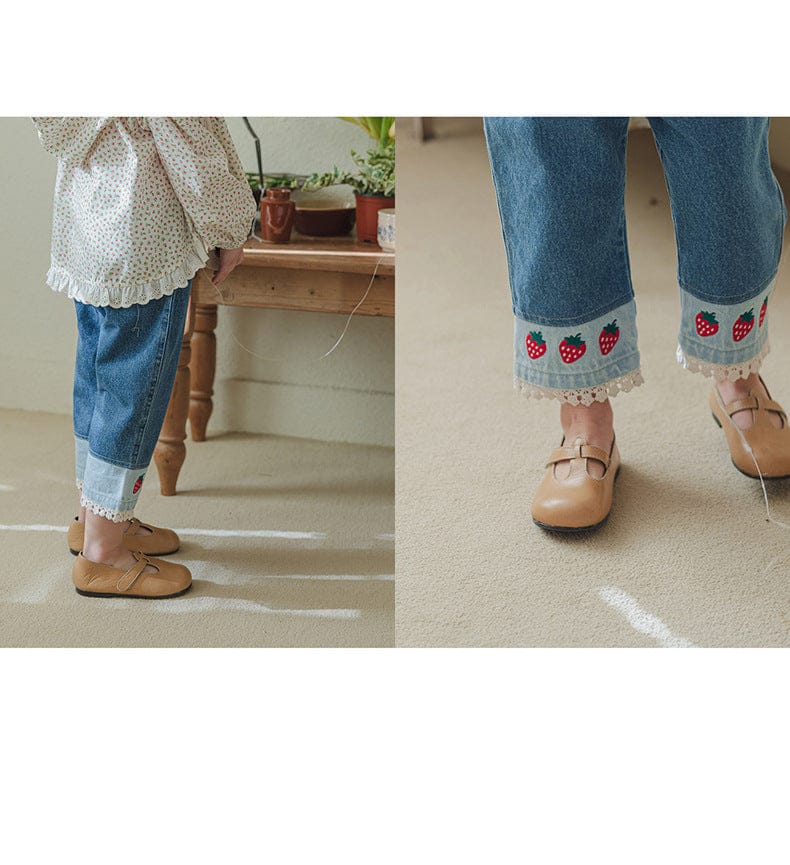 デニムパンツ ストロベリー刺繍レース裾ワイドデニムパンツ【mh0010819】