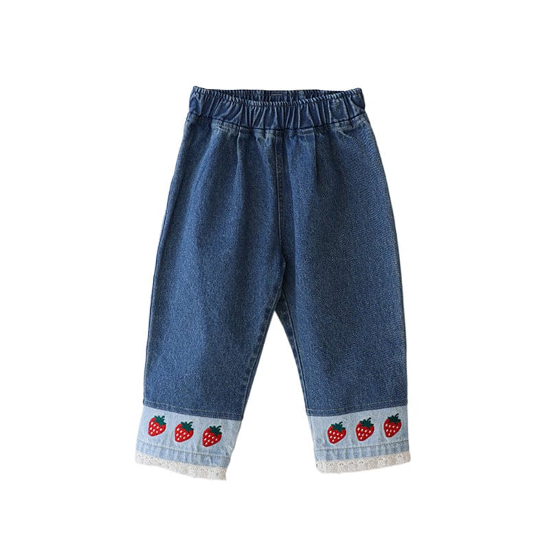 デニムパンツ ストロベリー刺繍レース裾ワイドデニムパンツ【mh0010819】