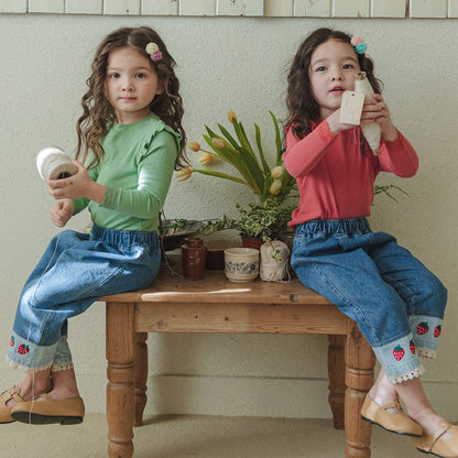 デニムパンツ ストロベリー刺繍レース裾ワイドデニムパンツ【mh0010819】