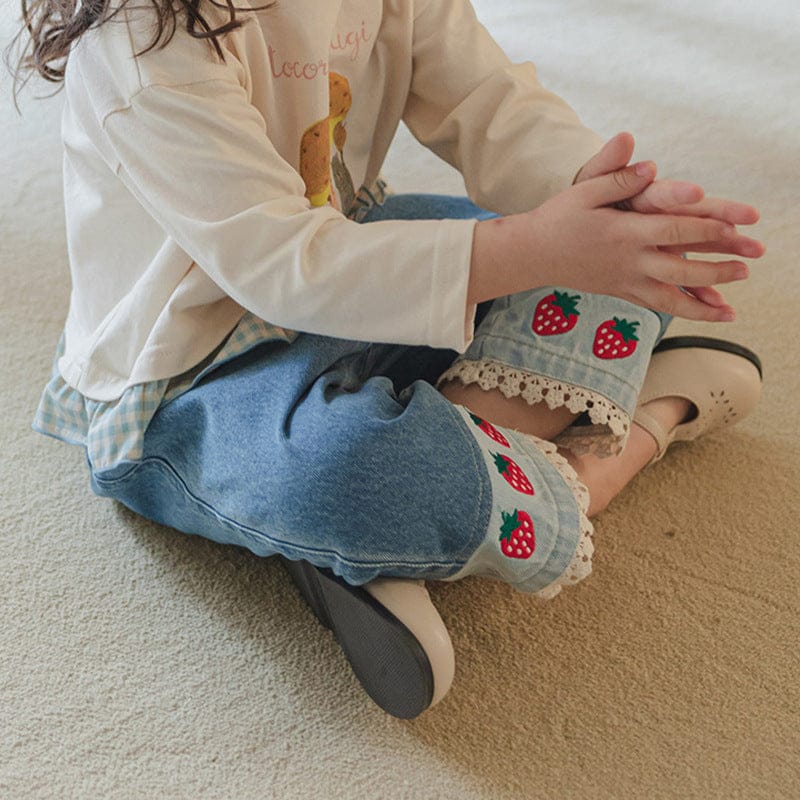デニムパンツ ストロベリー刺繍レース裾ワイドデニムパンツ【mh0010819】