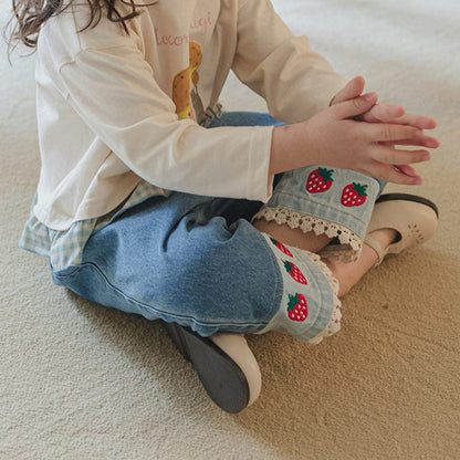 デニムパンツ ストロベリー刺繍レース裾ワイドデニムパンツ【mh0010819】