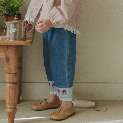 デニムパンツ ストロベリー刺繍レース裾ワイドデニムパンツ【mh0010819】
