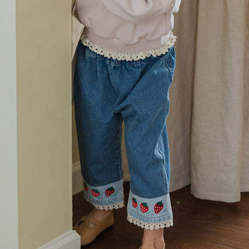 デニムパンツ ストロベリー刺繍レース裾ワイドデニムパンツ【mh0010819】