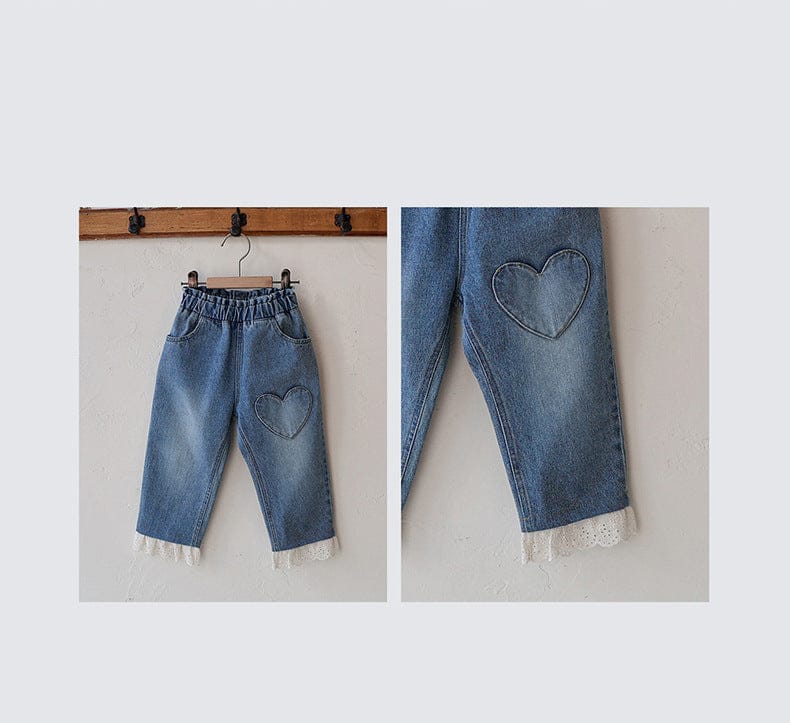デニムパンツ ハート刺繍レース裾ワイドデニムパンツ【mh0010822】