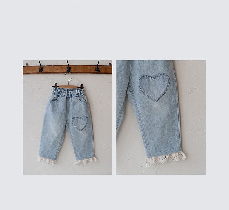 デニムパンツ ハート刺繍レース裾ワイドデニムパンツ【mh0010822】