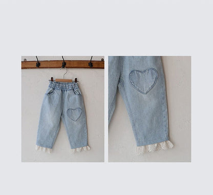 デニムパンツ ハート刺繍レース裾ワイドデニムパンツ【mh0010822】