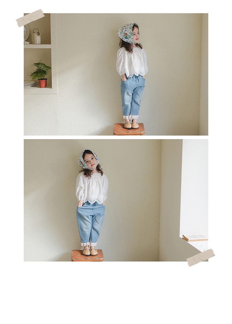 デニムパンツ ハート刺繍レース裾ワイドデニムパンツ【mh0010822】