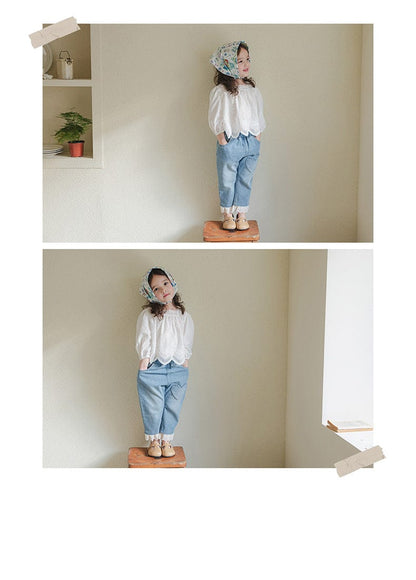 デニムパンツ ハート刺繍レース裾ワイドデニムパンツ【mh0010822】