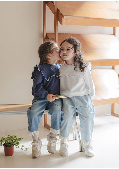 デニムパンツ ハート刺繍レース裾ワイドデニムパンツ【mh0010822】