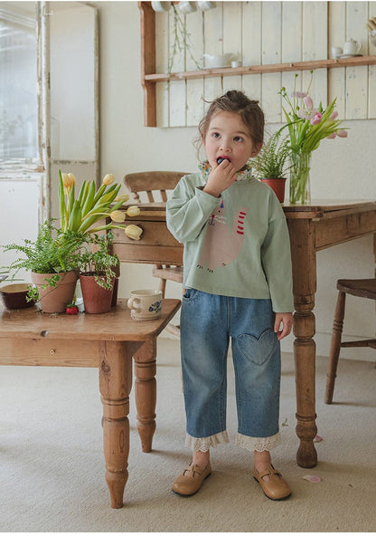 デニムパンツ ハート刺繍レース裾ワイドデニムパンツ【mh0010822】