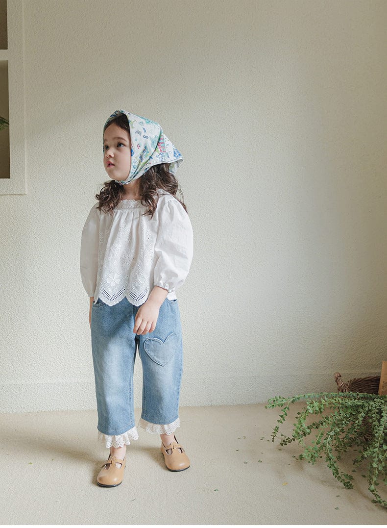 デニムパンツ ハート刺繍レース裾ワイドデニムパンツ【mh0010822】