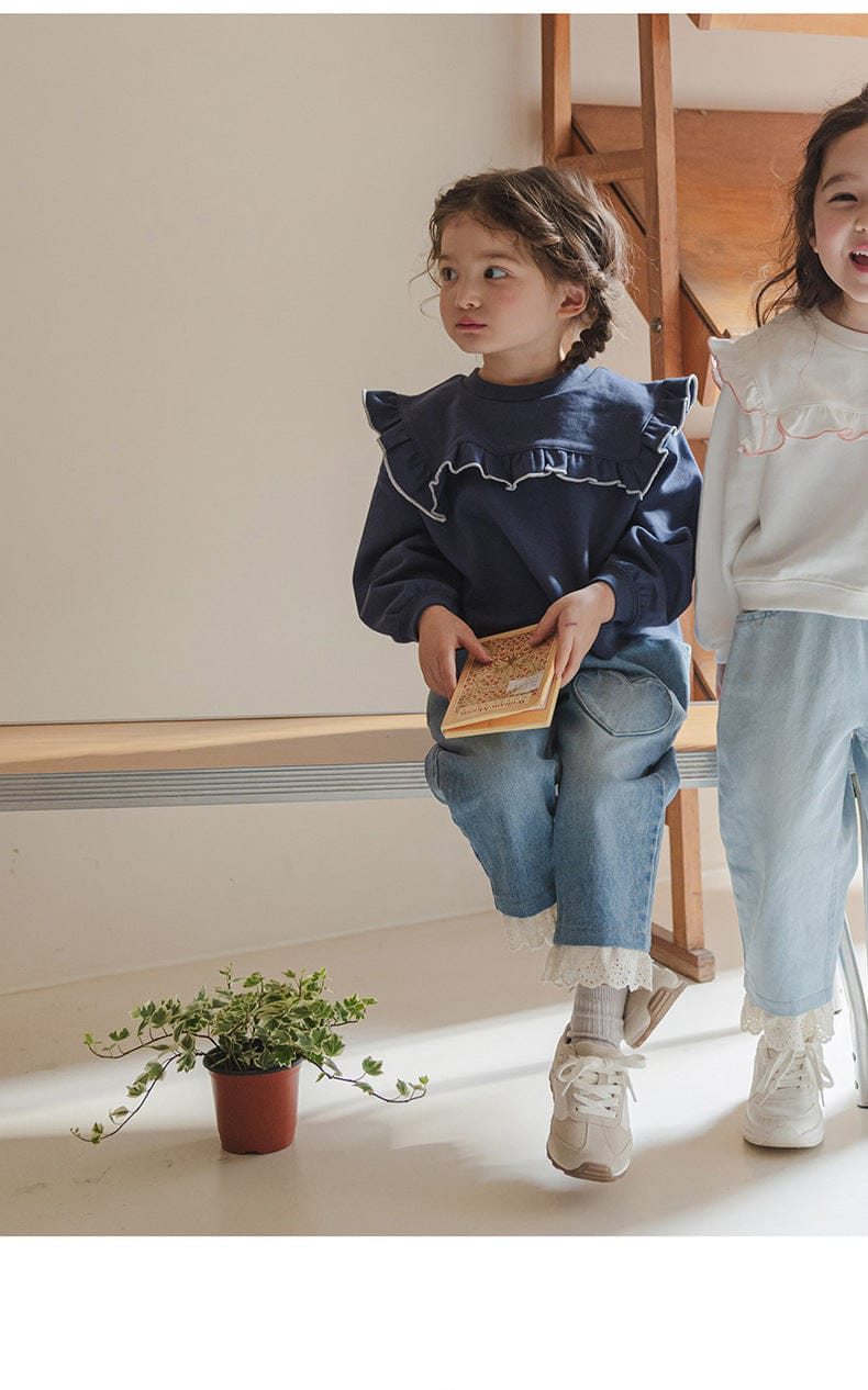 デニムパンツ ハート刺繍レース裾ワイドデニムパンツ【mh0010822】