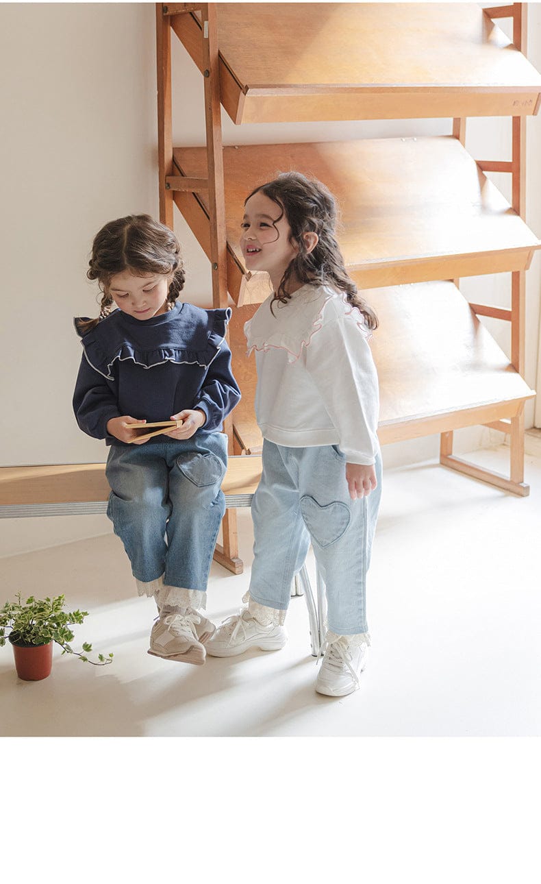 デニムパンツ ハート刺繍レース裾ワイドデニムパンツ【mh0010822】