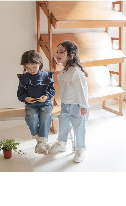 デニムパンツ ハート刺繍レース裾ワイドデニムパンツ【mh0010822】