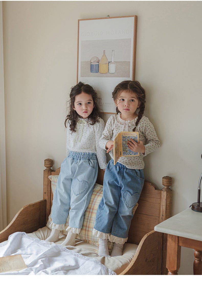 デニムパンツ ハート刺繍レース裾ワイドデニムパンツ【mh0010822】