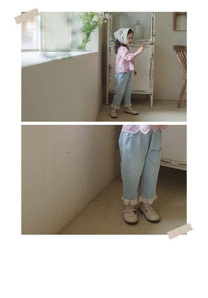 デニムパンツ ハート刺繍レース裾ワイドデニムパンツ【mh0010822】