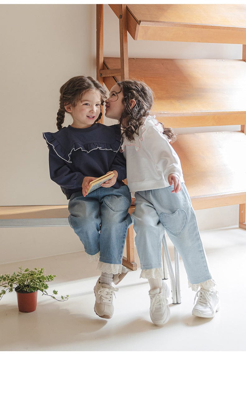 デニムパンツ ハート刺繍レース裾ワイドデニムパンツ【mh0010822】