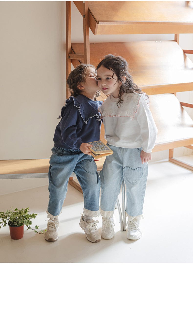 デニムパンツ ハート刺繍レース裾ワイドデニムパンツ【mh0010822】