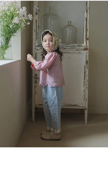 デニムパンツ ハート刺繍レース裾ワイドデニムパンツ【mh0010822】