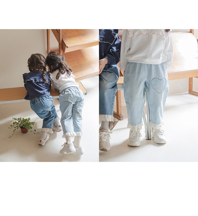 デニムパンツ ハート刺繍レース裾ワイドデニムパンツ【mh0010822】