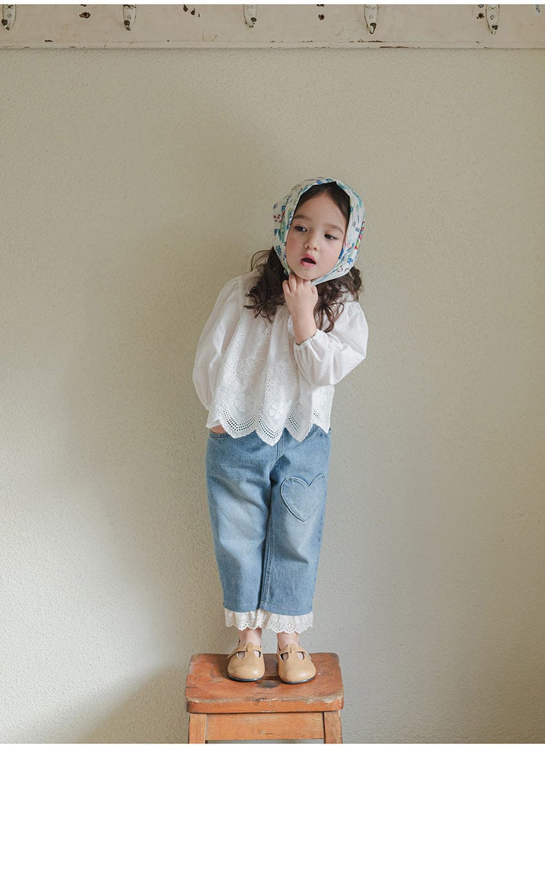 デニムパンツ ハート刺繍レース裾ワイドデニムパンツ【mh0010822】