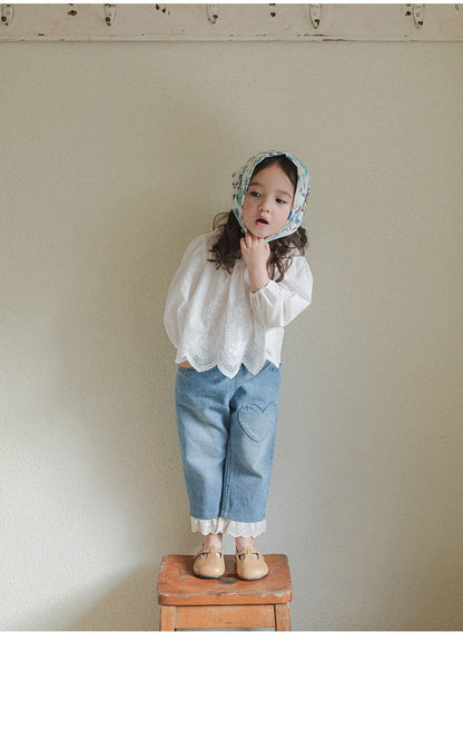 デニムパンツ ハート刺繍レース裾ワイドデニムパンツ【mh0010822】