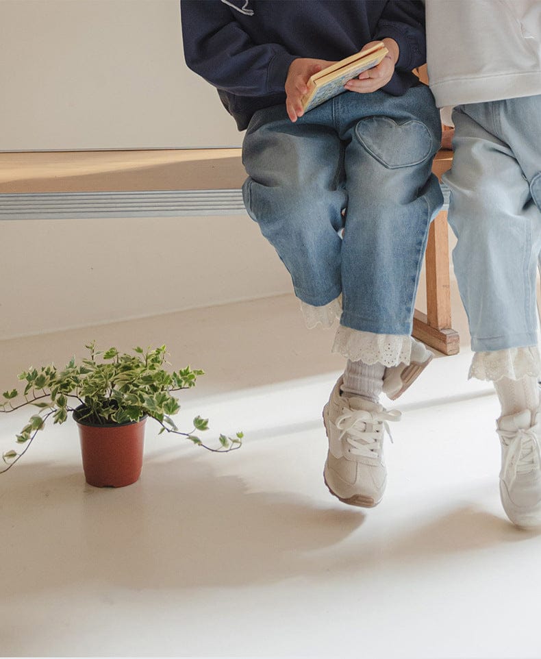 デニムパンツ ハート刺繍レース裾ワイドデニムパンツ【mh0010822】